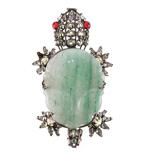 Iradj Moini Carved Jade Crystal Turtle Brooch Pin