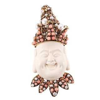 Iradj Moini Pearl Coral Crystal Laughing Buddha Brooch Pin