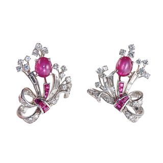 Oscar Heyman Platinum Diamond Ruby Earrings