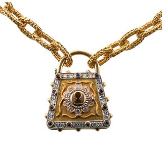 Cazzaniga Italy 18k Gold Diamond Sapphire Padlock Pendant Link Necklace