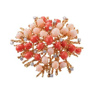 1970s 18k Gold Diamond Coral Brooch Pin