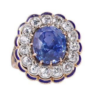 6.28ct No Heat Ceylon Sapphire 14k Gold Diamond Enamel Ring