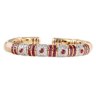 Sendon 18k Gold Diamond Ruby Cuff Bracelet