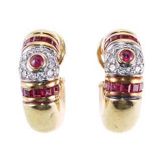 Sendon 18k Gold Diamond Ruby Hoop Earrings