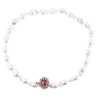 14k Gold Baroque Pearl Diamond Rubellite Necklace