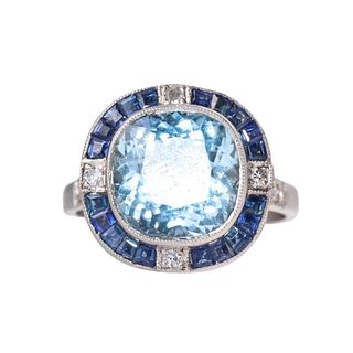 Platinum Aquamarine Diamond Sapphire RIng