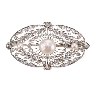 Antique Edwardian Platinum Diamond Pearl Brooch