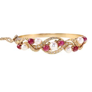 Antique 18k Gold Diamond Ruby Pearl Bangle Bracelet