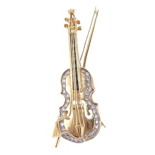 18k Gold Diamond Violin Brooch Pin