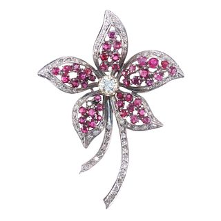 1960s 14k Gold Diamond Ruby Flower Brooch