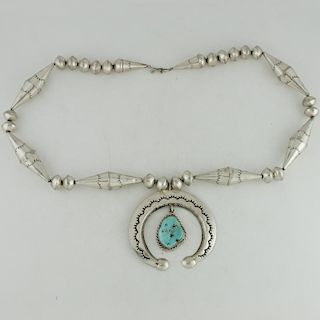 Navajo Stamped Silver Naja with Dangling Turquoise Pendant