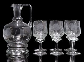 (7) ETCHED HAND-BLOWN WINE GLASSES & DECANTER