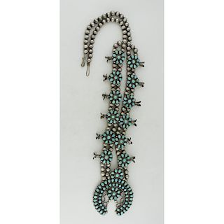 Navajo Turquoise Cluster and Silver Squash Blossom