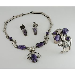 Mexican Silver and Carved Amethyst Necklace, Cuff, and Earrings