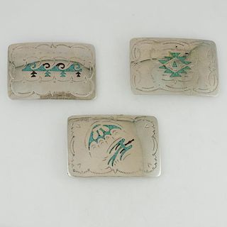 Silver and Mosaic Turquoise Inlay Belt Buckles,  from  Estate of Lorraine Abell (New Jersey, 1929-2015)