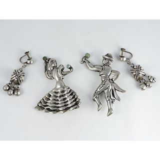 Mexican Silver and Turquoise Mariachi Dancer Brooch Pins and Pair of Bell Earrings