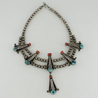 Navajo Silver, Coral and Turquoise Choker