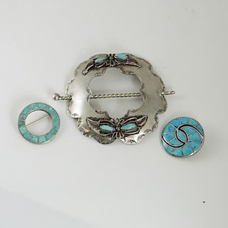 Zuni Turquoise and Silver Pins PLUS Navajo Silver Hair Pin