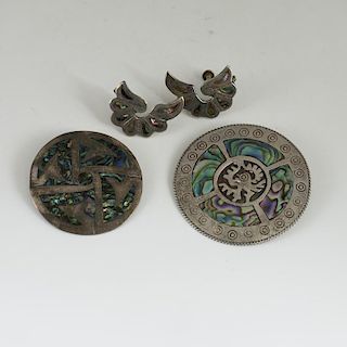 Mexican Silver and Abalone Inlaid Brooches and Earrings