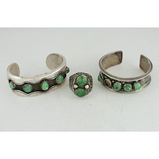 Navajo Silver Cuff Bracelets and Ring Set with Green Turquoise