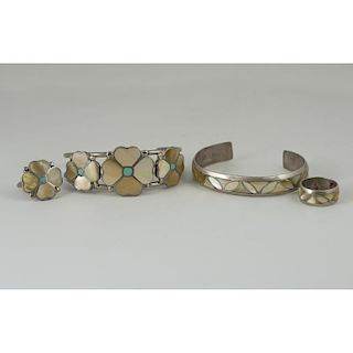 Zuni Silver and Mother of Pearl Cuff Bracelet and Ring Sets