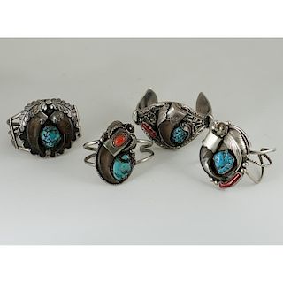 Navajo Silver Appliqued Cuff Bracelet with Bear Claws, Turquoise and Coral