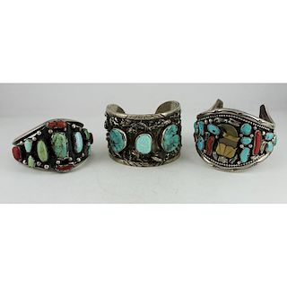 Navajo Silver Cuff Bracelets with Chunky Stone Inlay