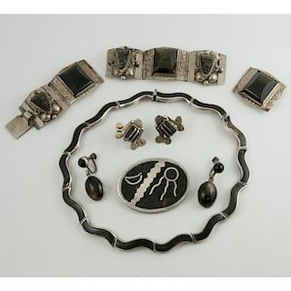 Los Castillo (Mexican, founded 1939) Onyx Necklace and Other Mexican Silver Jewelry