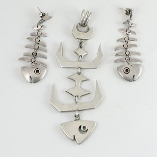 Mexican Silver Fish Bone Pendant and Earings