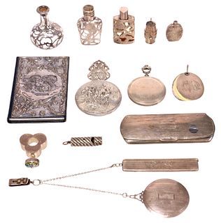 (LOT) STERLING & OTHER METAL ACCESSORIES, SCENT BOTTLES, COMPACT MIRRORS