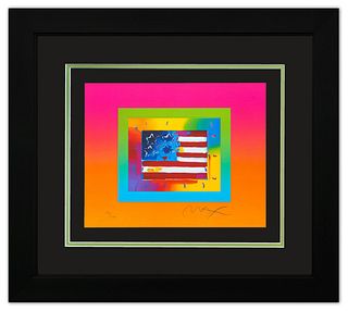Peter Max- Original Lithograph "Flag with Heart on Blends"
