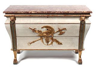 An Italian Neoclassical Style Painted and Parcel Gilt Bombe Commode Height 35 x width 52 x depth 20 1/2 inches.