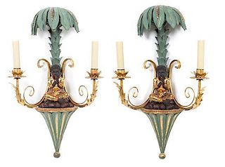 A Pair of Painted and Gilt Metal Two-Light Wall Sconces Height 17 inches.