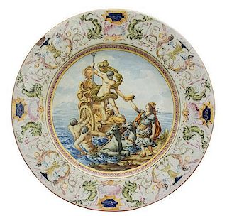 A Pair of Italian Renaissance Revival Majolica Chargers Diameter 24 inches.