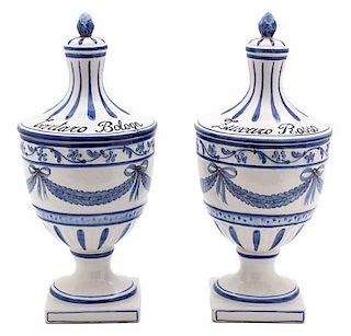 A Pair of Italian Glazed Ceramic Covered Apothecary Urns Height 11 inches.