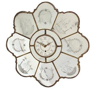 A Venetian Glass Etched Mirror Clock Diameter 24 inches.