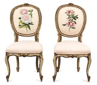 A Pair of Louis XV Style Parcel Gilt Side Chairs Height 39 inches.