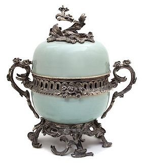 A French Celadon and Silvered Metal Mounted Covered Urn Height 15 x width 13 inches.