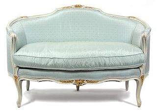 A Louis XV Style Painted Parlour Suite Height of settee 36 x width 56 x depth 28 inches.