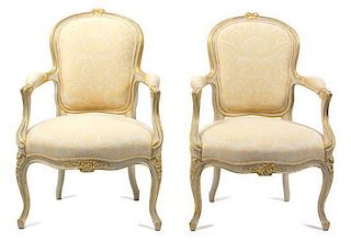 A Pair of Louis XV Style Painted Open Armchairs Height 34 1/2 x width 23 x depth 22 inches.