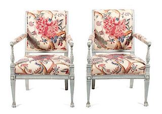 A Pair of Louis XVI Directoire Style Painted Fauteuils Height 34 inches.