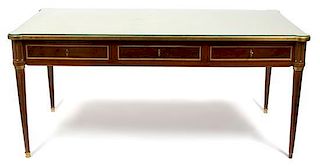 A Louis XVI Style Mahogany and Brass Mounted Library Table Height 31 x width 65 x depth 38 inches.