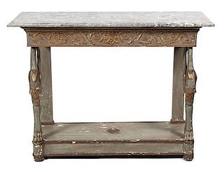 A French Empire Style Painted and Parcel Gilt Console Table Height 35 1/2 x width 48 x depth 17 1/2 inches.