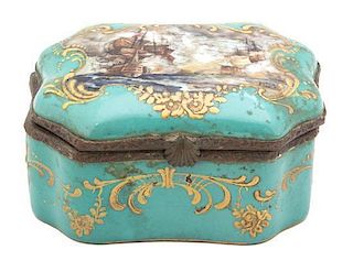 A French Gilt Metal Mounted Porcelain Box Height 2 1/2 x width 4 1/4 x depth 3 inches.