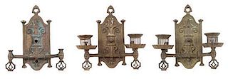 Three Bronze Gothic Revival Two-Light Wall Sconces Height 9 3/4 x width 9 3/4 inches.