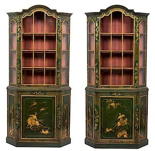A Pair of Regency Lacquered and Gilt Decorated Display Cabinets Height 79 1/4 x width 38 x depth 10 1/2 inches.
