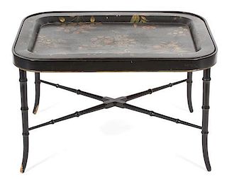 A Regency Style Black Lacquered Tray on Stand Height 20 x width 32 x depth 23 inches.