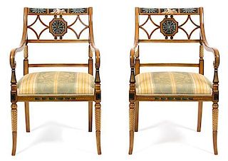 A Pair of Regency Style Faux Painted Open Armchairs Height 33 inches.