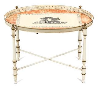 A Regency Style Painted Tea Tray on Stand Height 22 inches.