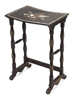 An English Gilt, Lacquered and Mother-of-Pearl Inlaid Trestle Table Height 28 x width 19 x depth 14 inches.